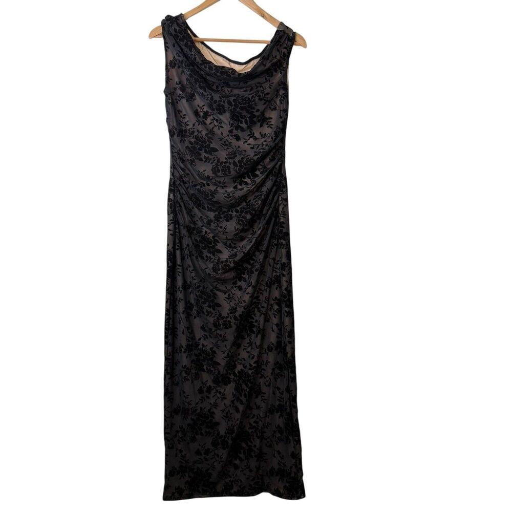 Y2K Velvet Burnout Cowl Neck Midi Dress Black Sz L Ruched Whimsigoth Fairy NWT